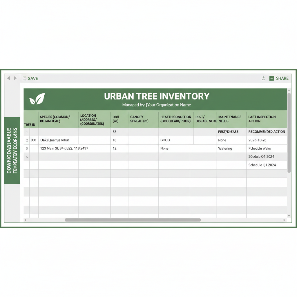 Tree inventory spreadsheet template with species, condition, and maintenance columns