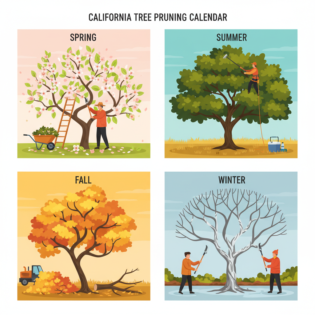 Seasonal pruning calendar showing four seasons with California trees