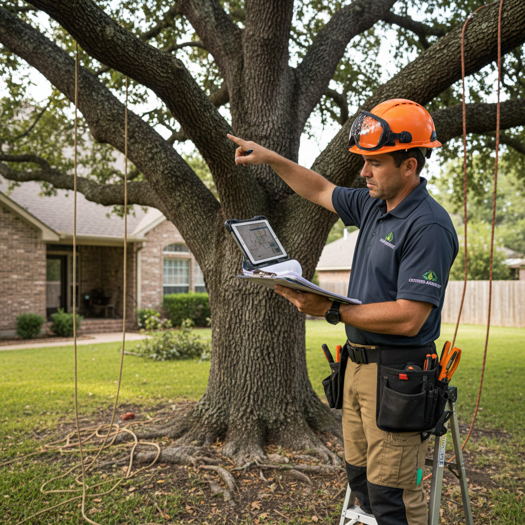 Certified arborist evaluating a mature tree and writing a detailed property report