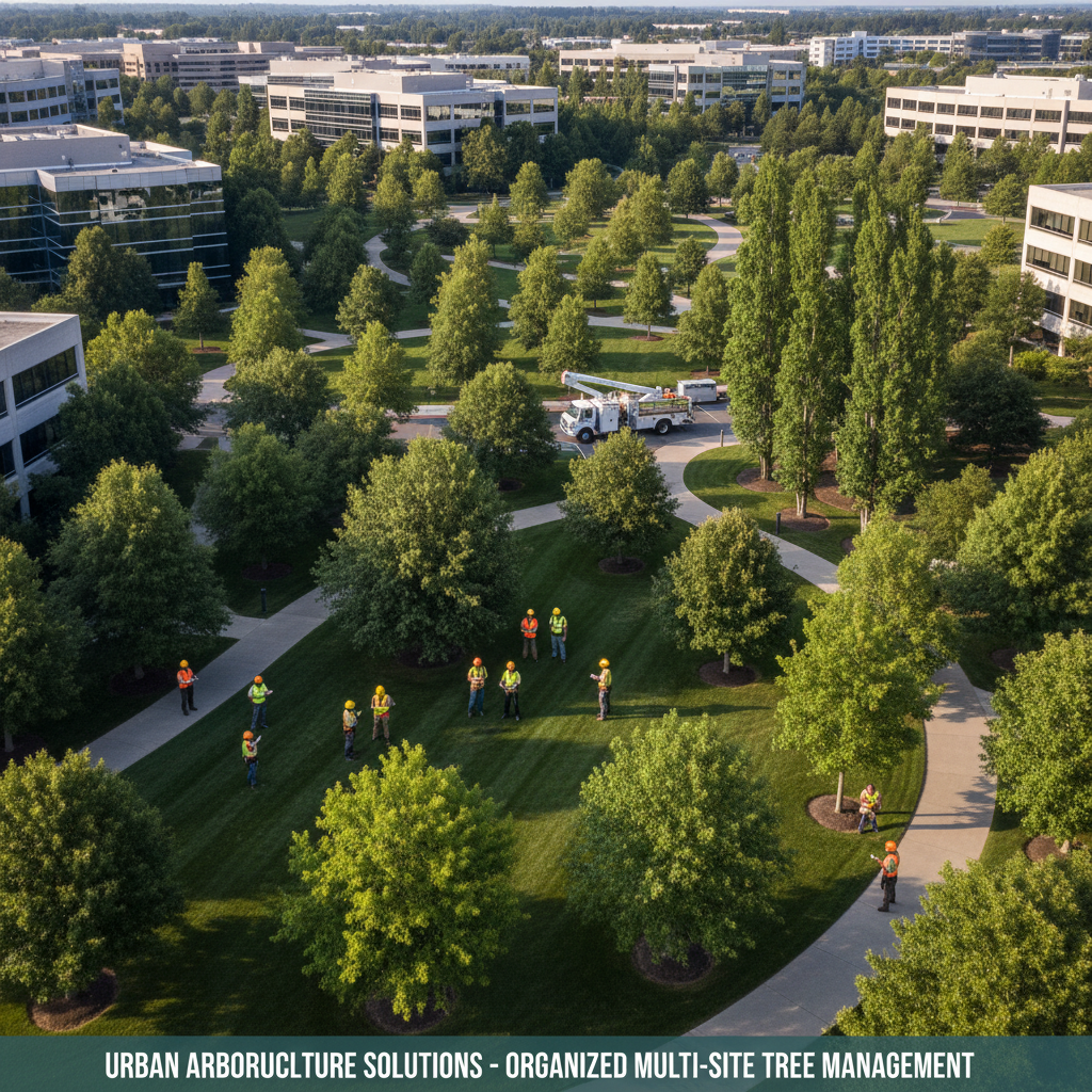 Arborist team inspecting trees across a large commercial office park campus
