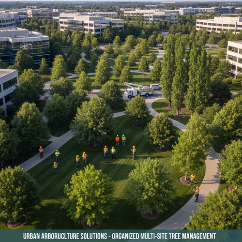 Arborist team inspecting trees across a large commercial office park campus