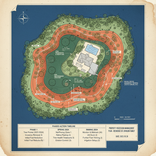 Comprehensive property vegetation management blueprint map with color-coded zones
