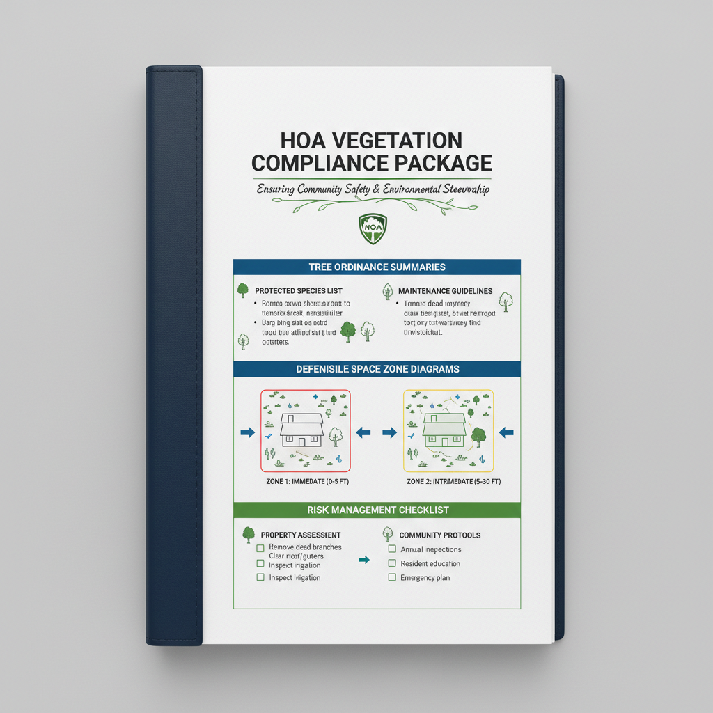 HOA vegetation compliance package document with tree ordinance summaries and risk management checklist