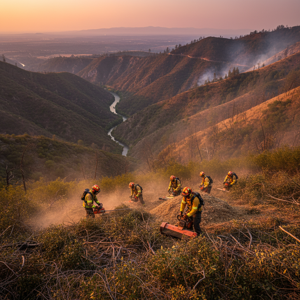 Wildfire fuel reduction crew clearing dry brush on a California hillside