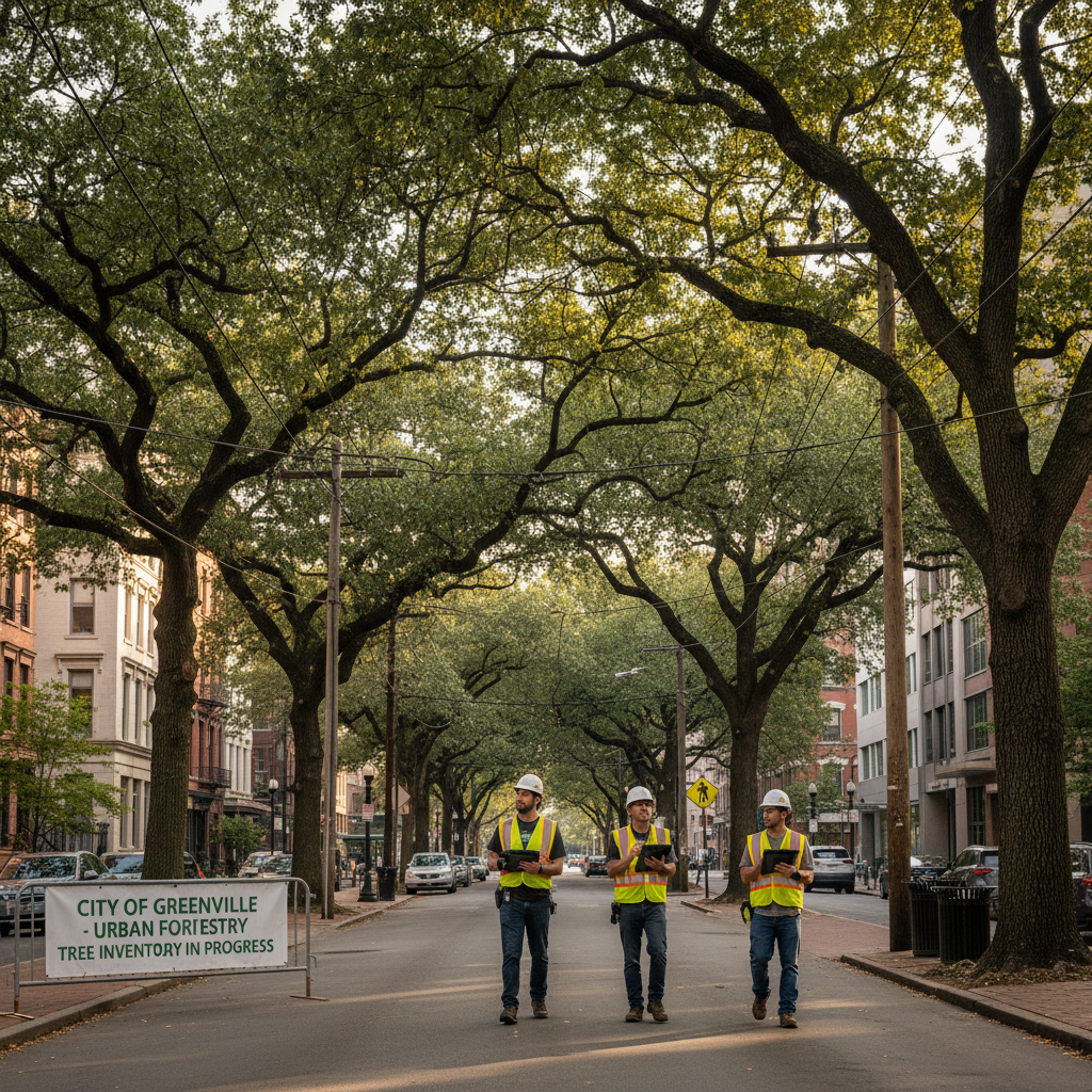Municipal urban forestry team assessing street trees along a city boulevard