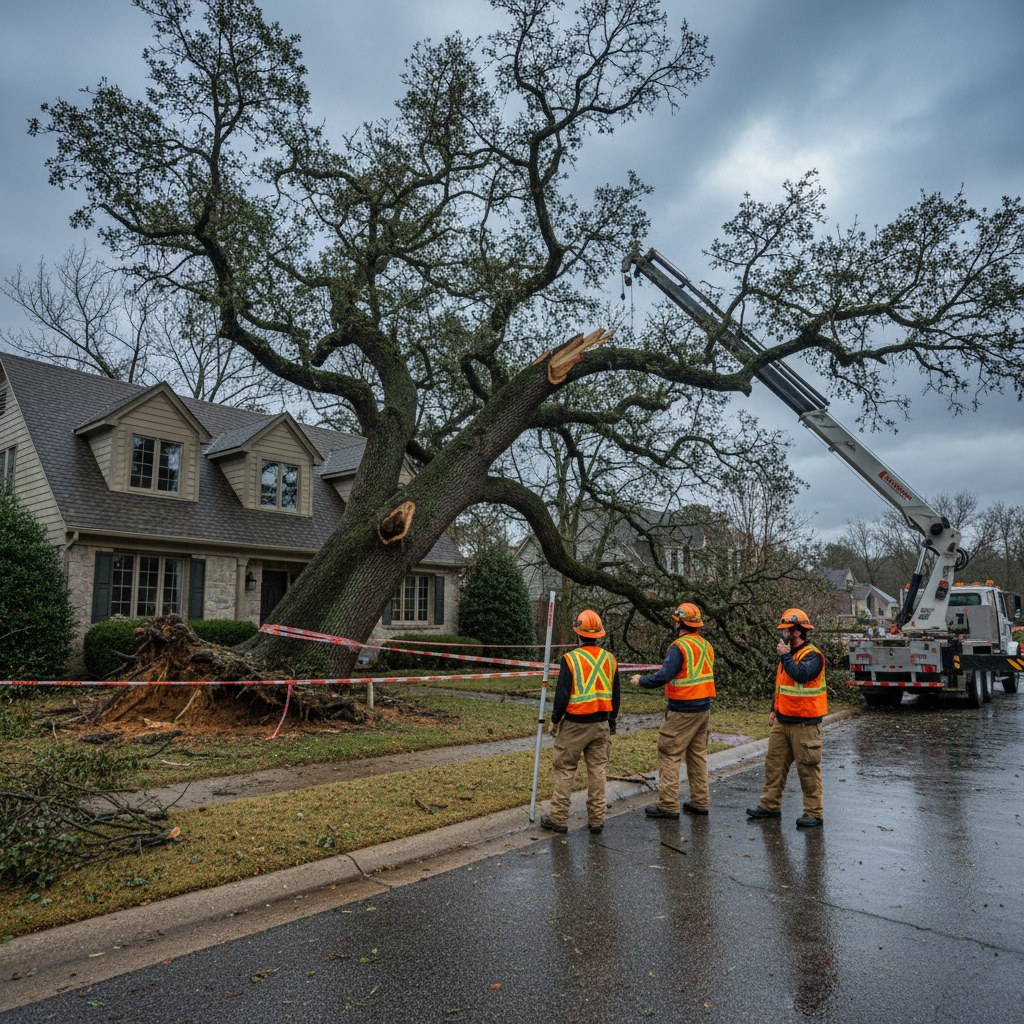 Emergency workers assessing a dangerously leaning tree near a house