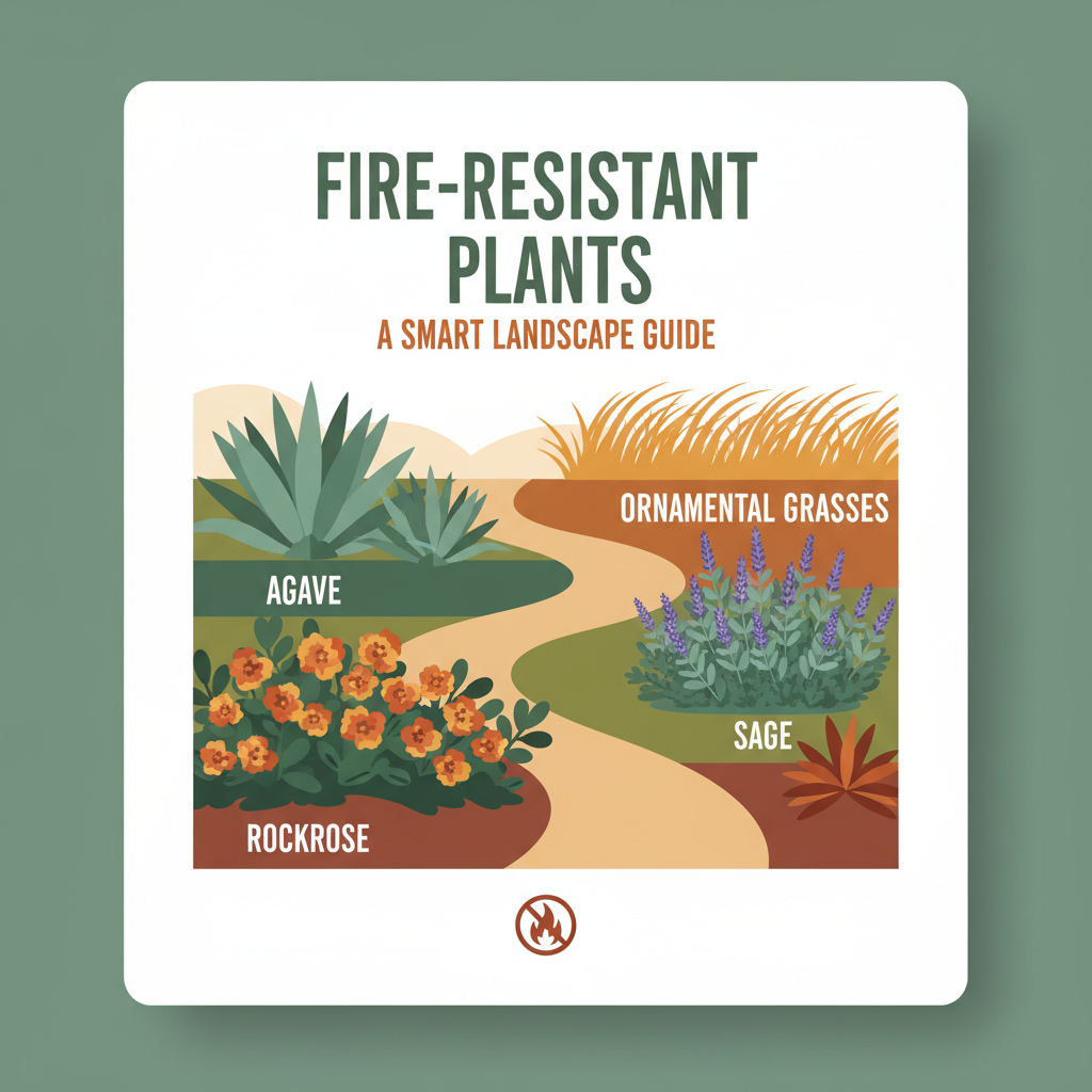 Illustrated fire-resistant plant guide with labeled species