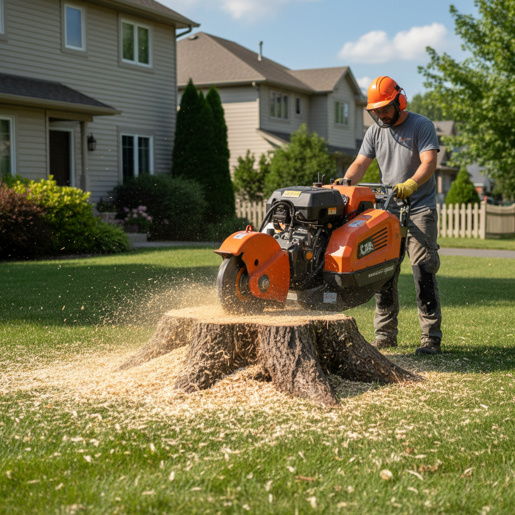 Stump grinding machine removing a large tree stump in a residential yard