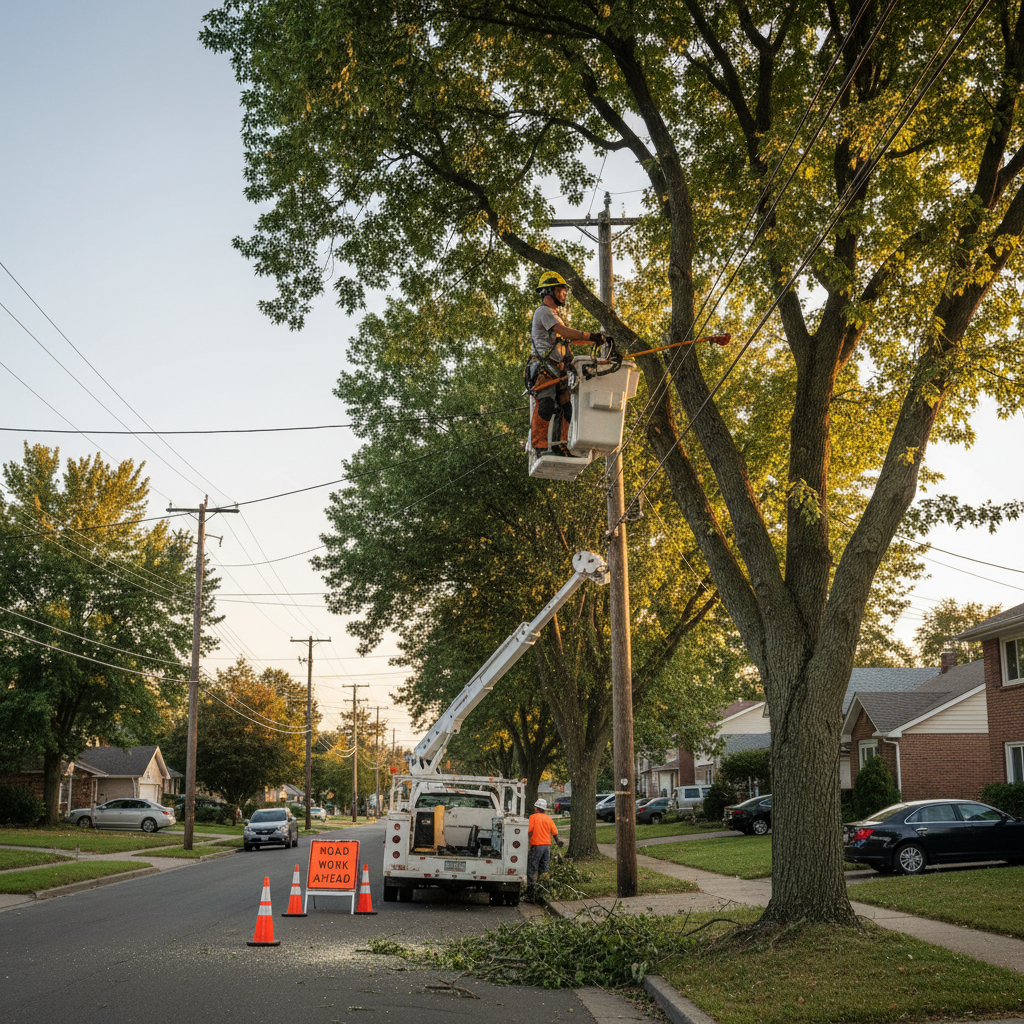 Utility worker trimming tree branches away from power lines on a suburban street