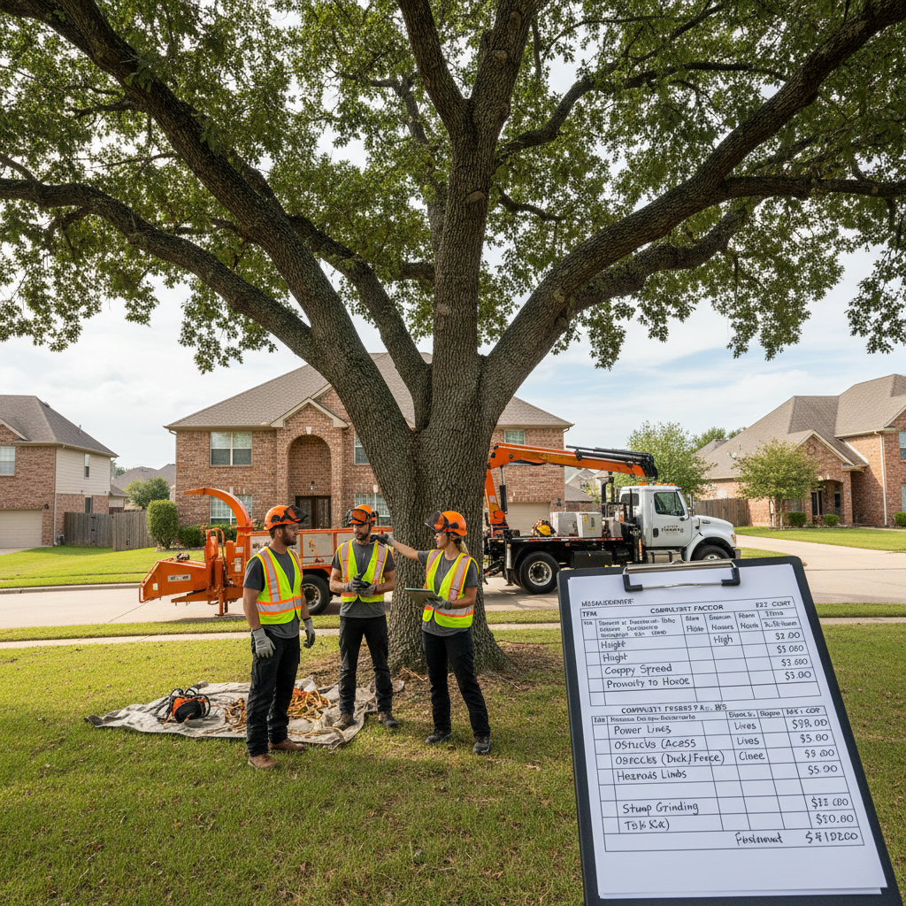 Tree removal crew assessing a large tree with cost breakdown clipboard