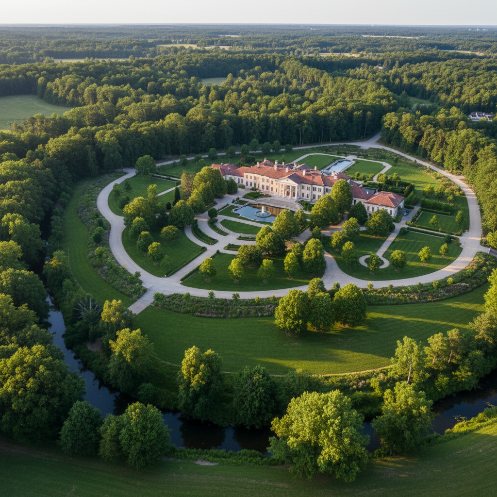 Aerial view of large private estate with mature trees and defined fire safety buffer zones