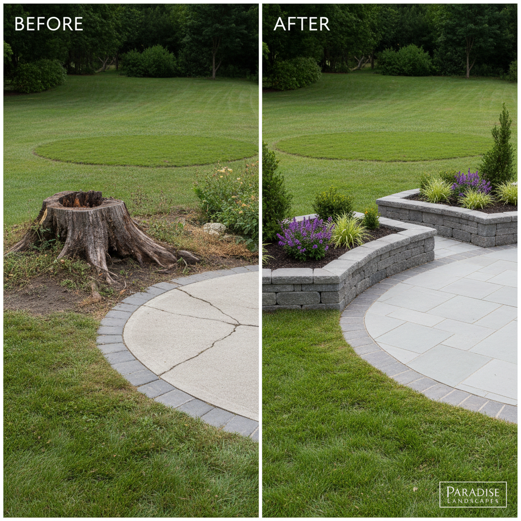 Beautifully restored lawn area after stump removal with fresh sod and new planting