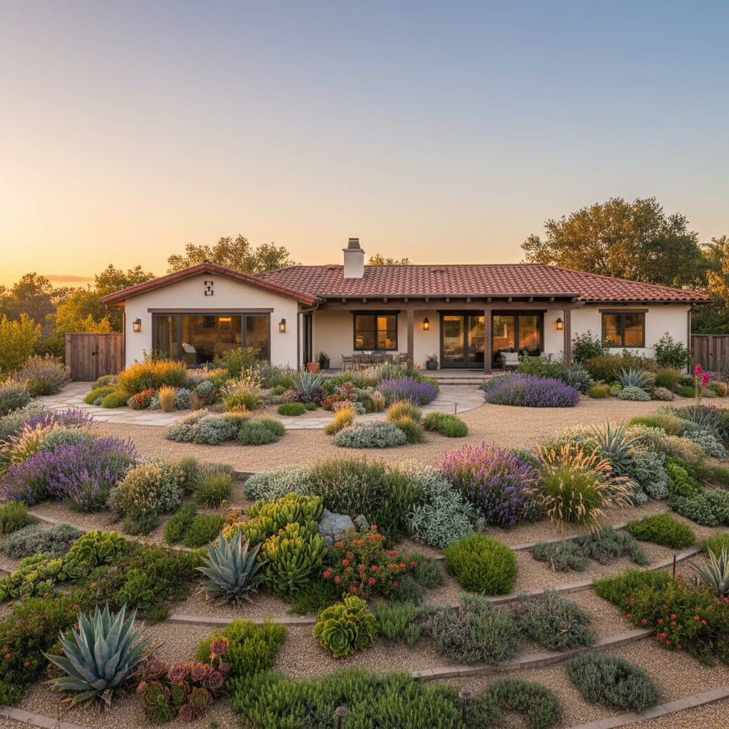 California home surrounded by fire-resistant landscaping plants