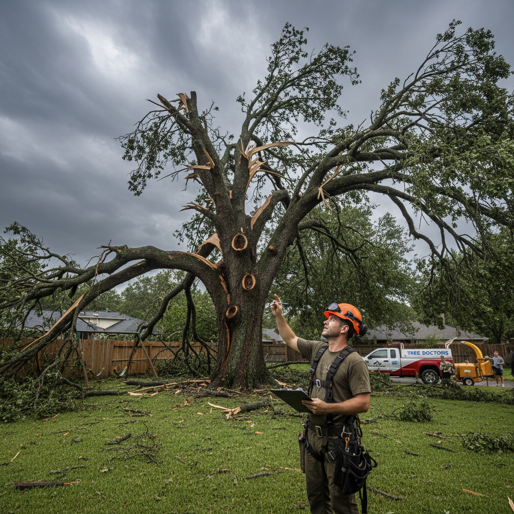 Arborist assessing storm-damaged tree with broken branches