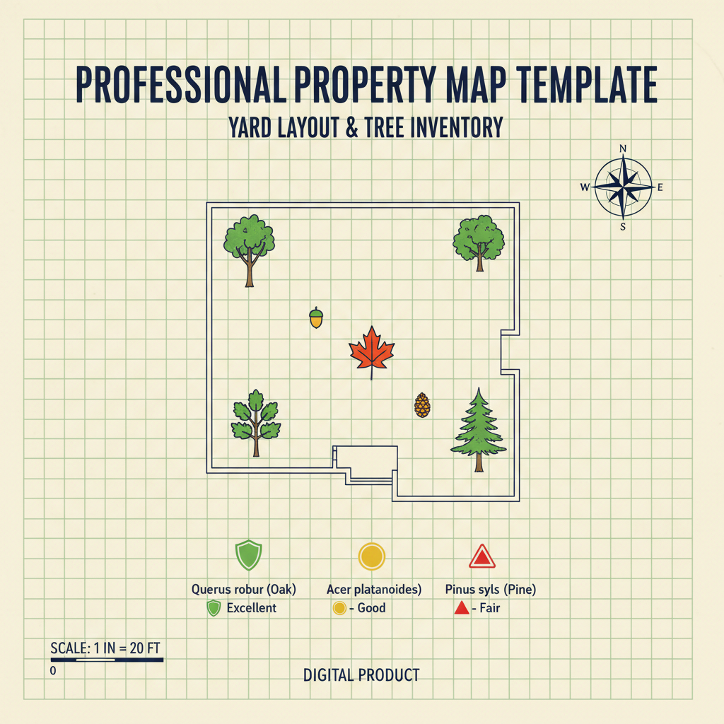 Property map template showing yard layout with trees marked by species and location