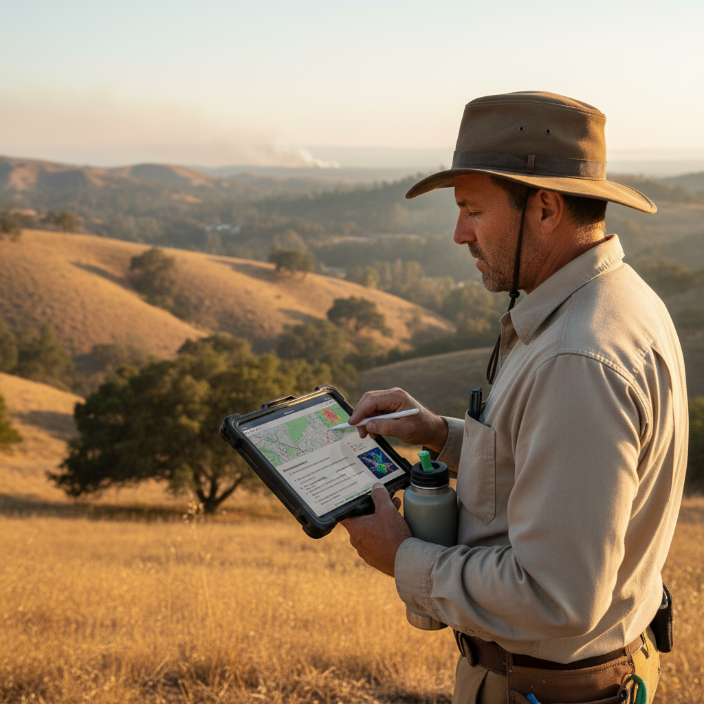 Wildfire mitigation specialist reviewing property assessment report on tablet outdoors