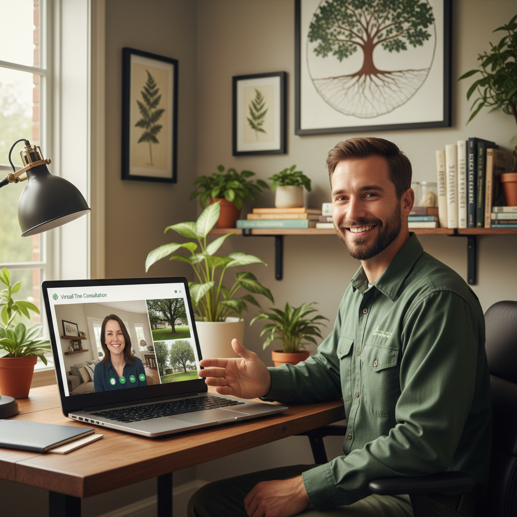 Arborist on a video call reviewing tree photos with a homeowner
