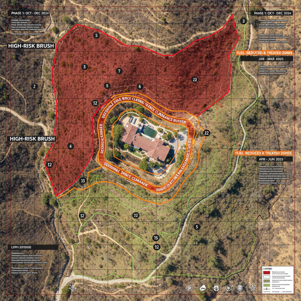 Aerial view of California property with color-coded wildfire fuel reduction zones mapped