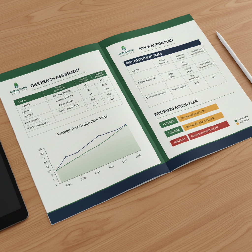 Professional arborist report document with tree health ratings and risk assessment tables
