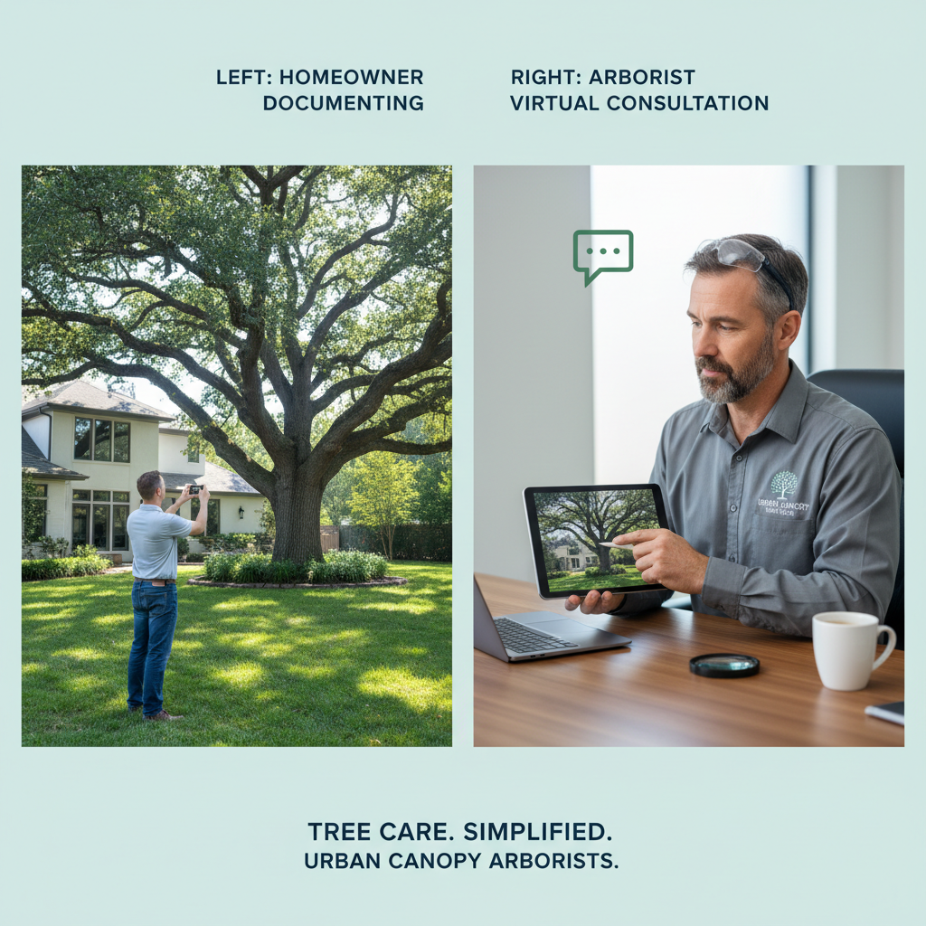 Split-screen of homeowner photographing tree and arborist reviewing photos on tablet