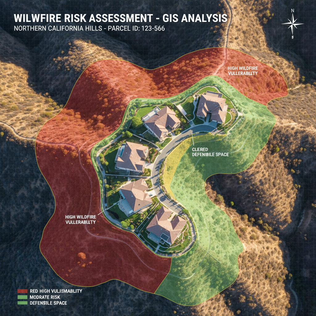 Aerial drone view of California property with wildfire vulnerability zones color-coded