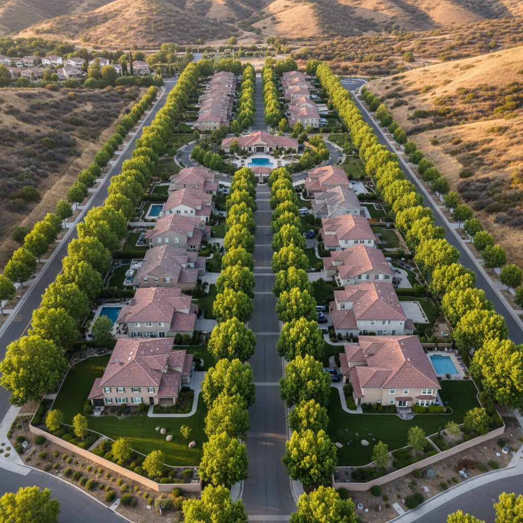 Well-maintained HOA community with tree-lined streets and defensible space compliance