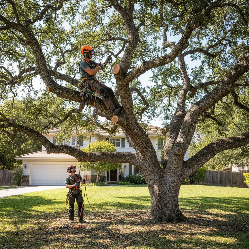 Arborist pruning a large oak tree in a California yard