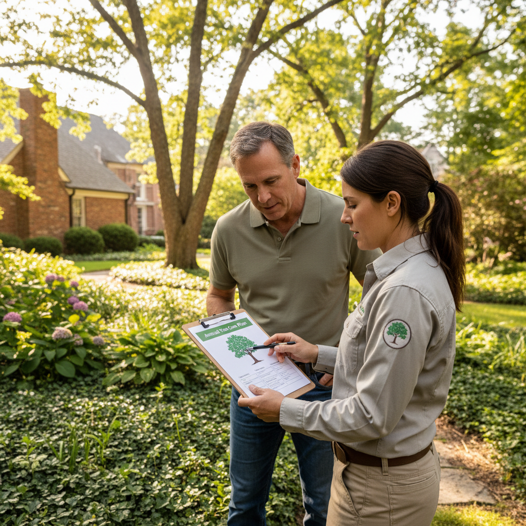 Certified arborist consulting with homeowner reviewing annual tree care plan on clipboard