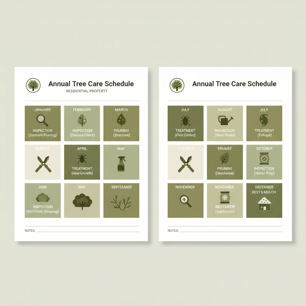 Annual tree care maintenance calendar with monthly inspection and pruning schedules