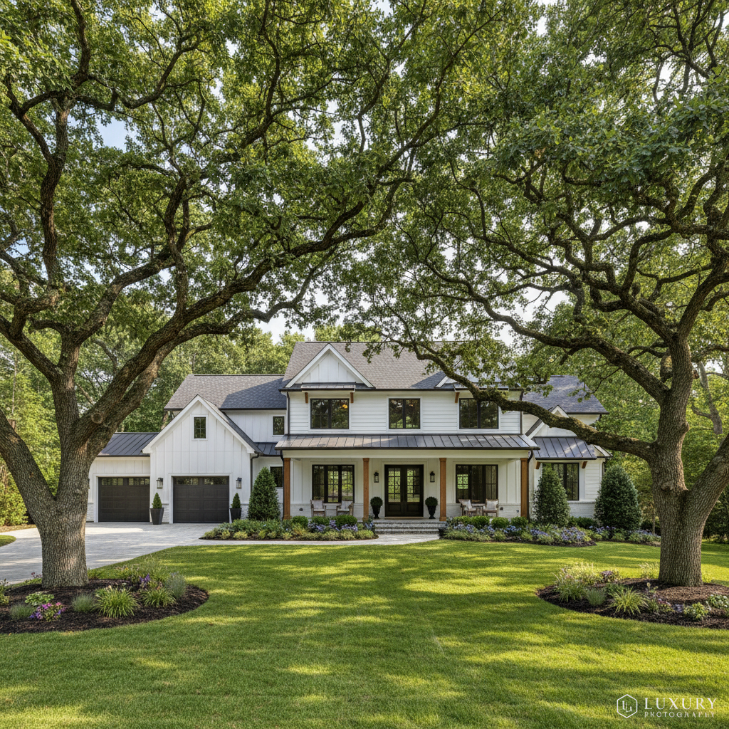 Suburban home with beautifully manicured trees boosting curb appeal