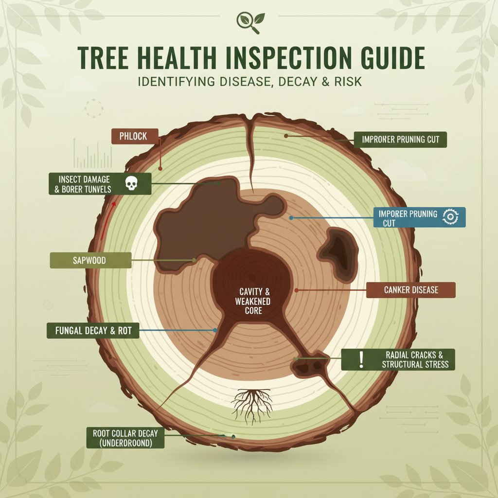 Tree health inspection infographic showing disease and decay indicators